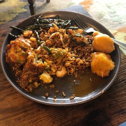 Happiness Chinese Restaurant - Orange chicken, shrimp fried rice, vegetable ego foo young, and Szechwan green beans.