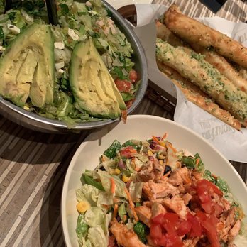 Stonefire Grill - Brea - Traditional Greek Salad, Stonefire's BBQ Chopped w Chicken & Freshly Baked Breadsticks 9.22.19 - Barbeque Near Me - Brea, California