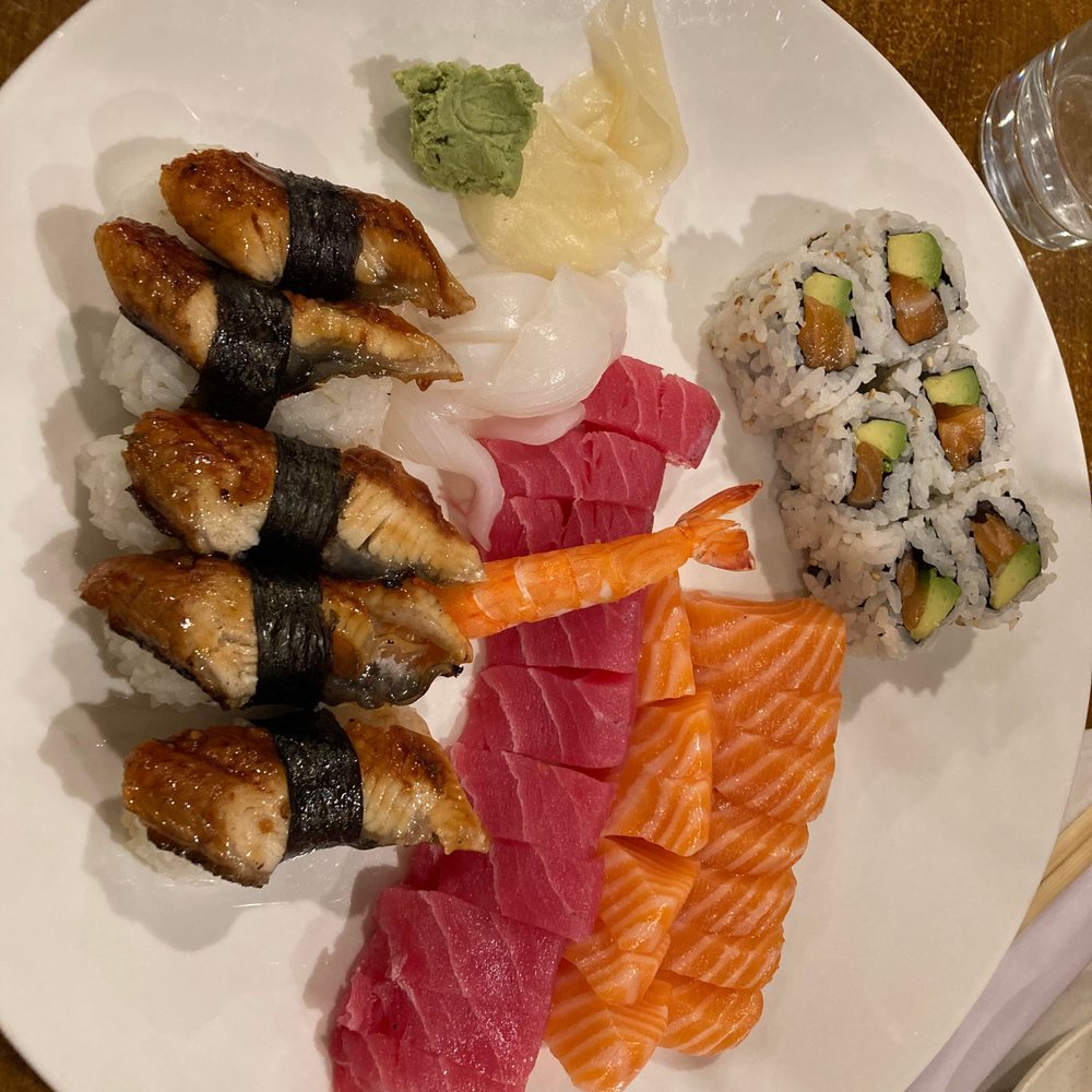 Yamato 2 - Eel nigiri, shrimp sashimi (cooked), squid sashimi, tuna sashimi, salmon sashimi, salmon avocado roll - Japanese Near Me - Boston, Massachusetts