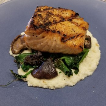 Water's Table - SRW main course: sockeye salmon w/ morel & shitake mushrooms, & I think watercress on polenta or cauliflower? Either way, perfection! - New American Near Me - Renton, Washington Water's Table - SRW main course: sockeye salmon w/ morel & shitake mushrooms, & I think watercress on polenta or cauliflower? Either way, perfection! - New American Near Me - Renton, Washington