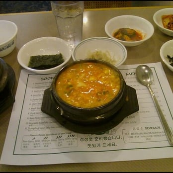 Lee's Tofu - all the banchan are in the back.  I especially liked the squah in chili and the sprouts. - Korean Near Me - Gardena, California