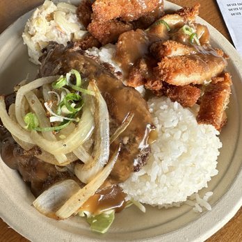 Ippy’s Hawaiian Barbeque - Hawaiian Style Mixed Plate: hamburger steak and chicken cutlet - Barbeque Near Me - Kamuela, Hawaii Ippy’s Hawaiian Barbeque - Hawaiian Style Mixed Plate: hamburger steak and chicken cutlet - Barbeque Near Me - Kamuela, Hawaii