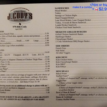 J Cody's Steaks and BBQ - April 2025 Menu - Barbeque Near Me - Bryan, Texas