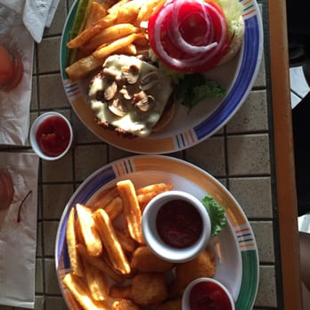 Rum Runners - Mushroom & swiss burger and breaded shrimp with fries - Pubs Near Me - Palm Harbor, Florida