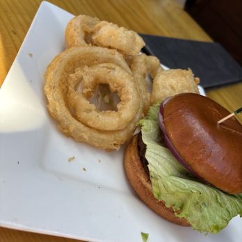 Schooners - Black & Blue Burger with onion rings. - Seafood Near Me - Cayucos, California