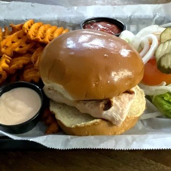 Tavern on the Moor - "Chicken Little Sandwich" Lunch Special with Sweet Potato Waffle Fries - Mmm! - Pizza Near Me - Raymore, Missouri