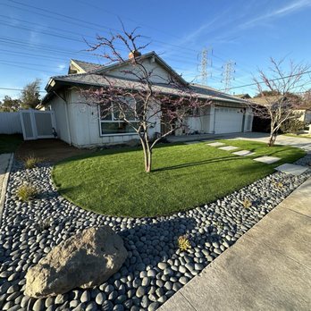 Green Team Landscapers - After, turf, river rocks, succulents - Landscaping Near Me - Ventura, California Green Team Landscapers - After, turf, river rocks, succulents - Landscaping Near Me - Ventura, California