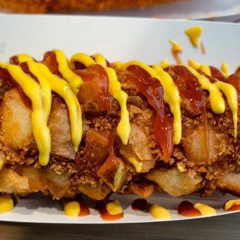 CrunCheese Korean Hotdogs - Potato Hotdog: $5.99, with ketchup and mustard - Hot Dogs Near Me - Flushing, New York
