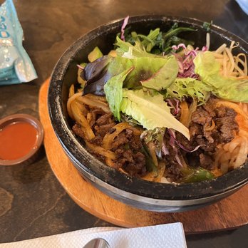 Kimchi's Korean Cafe - a bowl of noodles and beef - Korean Near Me - Houston, Texas