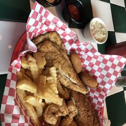 Pier 34 Seafood and Pub - Flounder and shrimp basket. Also fries and hush puppies