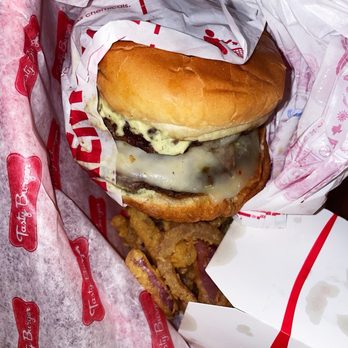 Tasty Burger - Spicy Jalapeno Burger (double) w/ onion rings - Burgers Near Me - Boston, Massachusetts Tasty Burger - Spicy Jalapeno Burger (double) w/ onion rings - Burgers Near Me - Boston, Massachusetts