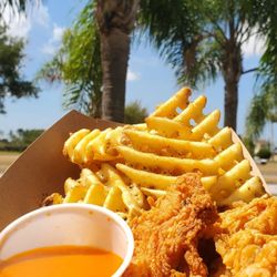 Chick-N-Nooga - Tenders, garlic pepper waffle fries, and Sarasota Sunshine Sauce