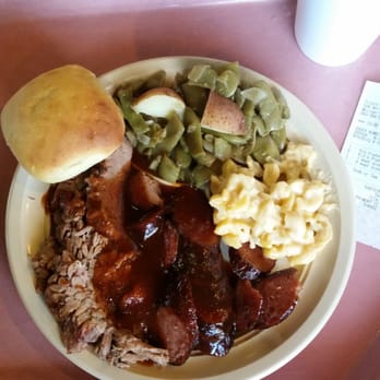 Triple R Barbecue - Briskey and Smoked sausage plate with green beans and mac and cheese with a roll. DELISHIOUS! - Barbeque Near Me - Whitewright, Texas