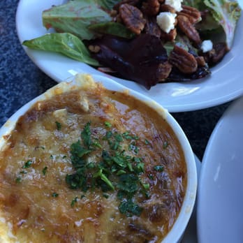 Cafe Orleans - The French Onion Soup was awesssssome!  House salad in the background. - Cajun/Creole Near Me - Anaheim, California