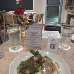 Rosemary Chicken and Mash. Note the Eat, Drink, HTX menu is the same size as the water glass. Rosemary Chicken and Mash. Note the Eat, Drink, HTX menu is the same size as the water glass.