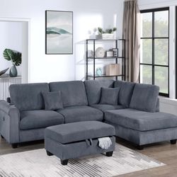 Dark Gray Sectional Sofa with Storage Ottoman and USB Charger - $479