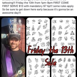 Inkspiration Tattoo - FRIDAY THE 13th Apprentice TATTOOS! 13$ Tattoos with a mandatory $7 Tip.