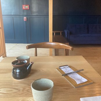 Sushi Kappo Toraya - Tea cups, soy sauce container, check, entrance and waiting area - Sushi Bars Near Me - Arlington, Massachusetts
