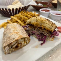 Natalie's Taste of Lebanon - Shawarma chicken wrap and Grilled Kafta Burger with the seasoned fries