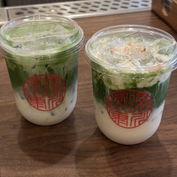 Taz Matcha - Matcha latte with sesame (left) matcha latte with banana pudding (right) - Cafes Near Me - Seattle, Washington