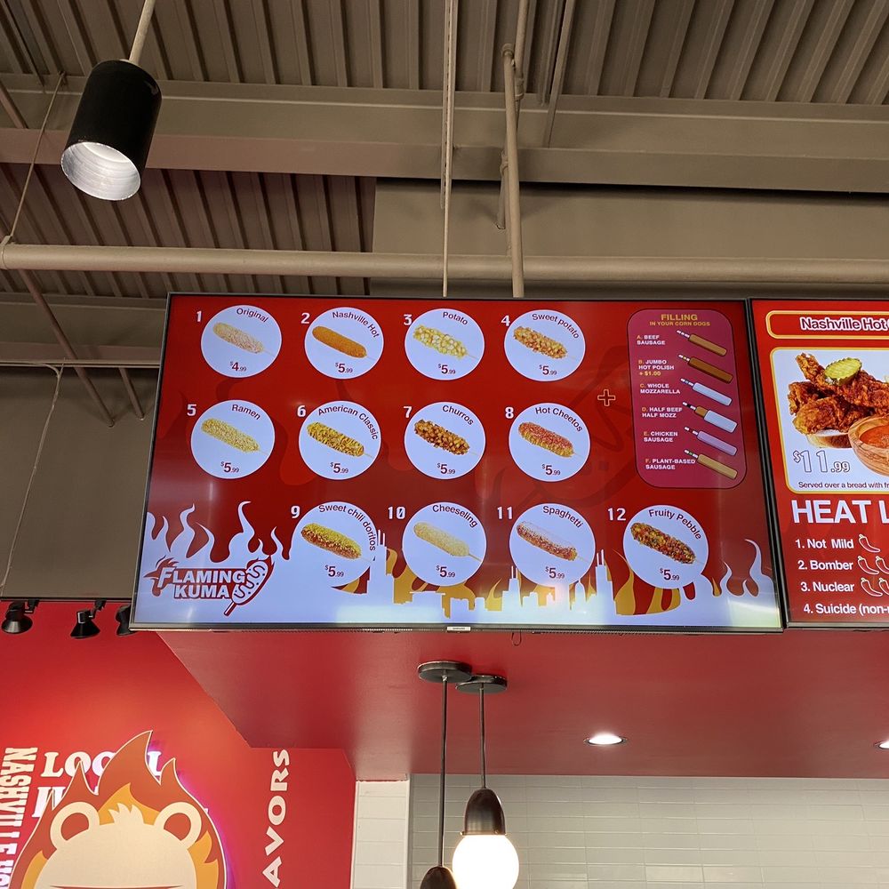 Flaming Kuma - Menu: Top right corner has your choice of dogs and cheese - Hot Dogs Near Me - West Lafayette, Indiana Flaming Kuma - Menu: Top right corner has your choice of dogs and cheese - Hot Dogs Near Me - West Lafayette, Indiana