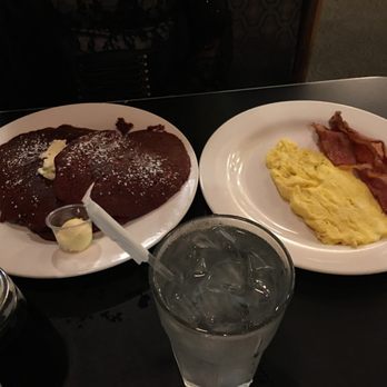 Amphora Diner - Red velvet pancakes with scrambled eggs and bacon. - Breakfast & Brunch Near Me - Herndon, Virginia