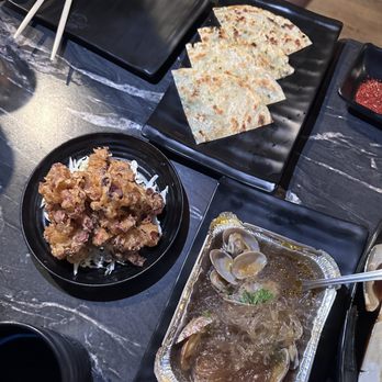 Khan Skewer Restaurant - 1. Deep Fried Baby Tako (bottom left), 3. Homemade Green Onion Pancake (top right), 3. Garlic Clam with Vermicelli (bottoms right) - Barbeque Near Me - Honolulu, Hawaii
