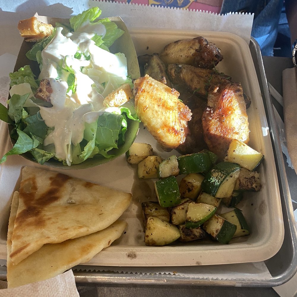 Local Expedition Wood Fired Grill - Smoked Smoked & Grilled Chicken Wings with grilled zucchini and salad - Chicken Wings Near Me - Sandy Springs, Georgia