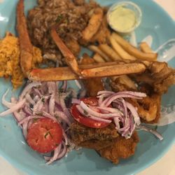 Socios Deli - Crab, green sauce, rice, fries. Delicious Peruvian food!