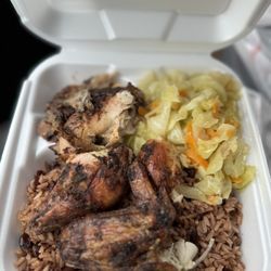 Ocho Rios Grill - Jerk chicken lunch special with cabbage and Rice and Peas