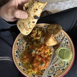 Subz Dum Biryani, 3 Cheese Spinach Tikki, Potato Peas Samosa, okra, Garlic Naan Subz Dum Biryani, 3 Cheese Spinach Tikki, Potato Peas Samosa, okra, Garlic Naan