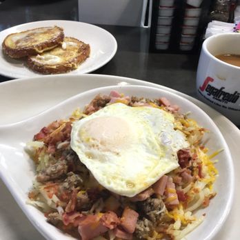 Frisco Diner - Meat Lovers skillet, I just had one egg, it comes with two and cinnamon swirl French toast - Breakfast & Brunch Near Me - Frisco, Texas Frisco Diner - Meat Lovers skillet, I just had one egg, it comes with two and cinnamon swirl French toast - Breakfast & Brunch Near Me - Frisco, Texas
