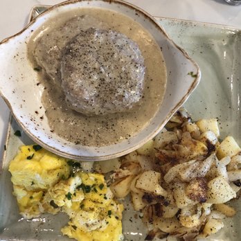 First Watch - 2 biscuits with turkey sausage gravy with 2 scrambled eggs and seasoned potatoes-was great! - Breakfast & Brunch Near Me - Cedar Park, Texas