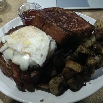 Cafe Madison - Breakfast Burger.  Bacon, cheese, fried egg on Texas style french toast. - Breakfast & Brunch Near Me - Albany, New York
