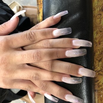 Nails M Spa - iridescent pink sparkle/ clear tip square nails !!! soooo cute !!! - Waxing Near Me - Long Beach, California
