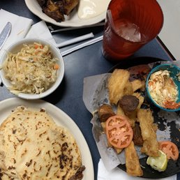 Pork pupusas, fried yuka, plantains and horchata  Check came to a total of $25