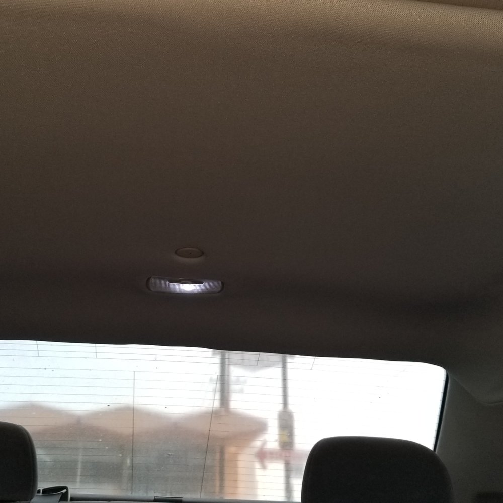 View from front seat looking out rear window