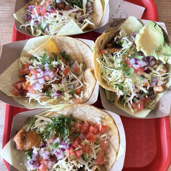 Oscars Mexican Seafood - Battered Shrimp Taco, Surf and Turf Taco, Battered Fish Taco (clockwise) - Seafood Near Me - San Diego, California