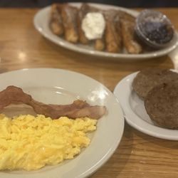 The Cockeyed Rooster - Bacon and eggs came with the waffle Combo, side of sausage patties and an order of French Toast