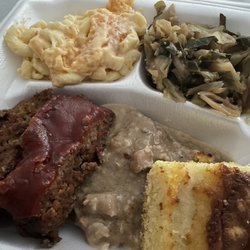 Emma Lee’s - Meatloaf, smothered pork chop, Fried Cabbage, Macaroni & Cheese and Cornbread.