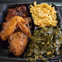 Sticky, Jerk, and BBQ chick with collards and mac & cheese