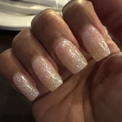 Nails Xp - Acrylic with nude polish and glitter narrowed/square . Beautiful ! ;)