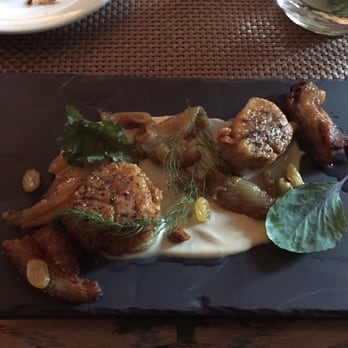 Oak Steakhouse - Amazing diver scallops with raisins, pork belly - New American Near Me - Alpharetta, Georgia