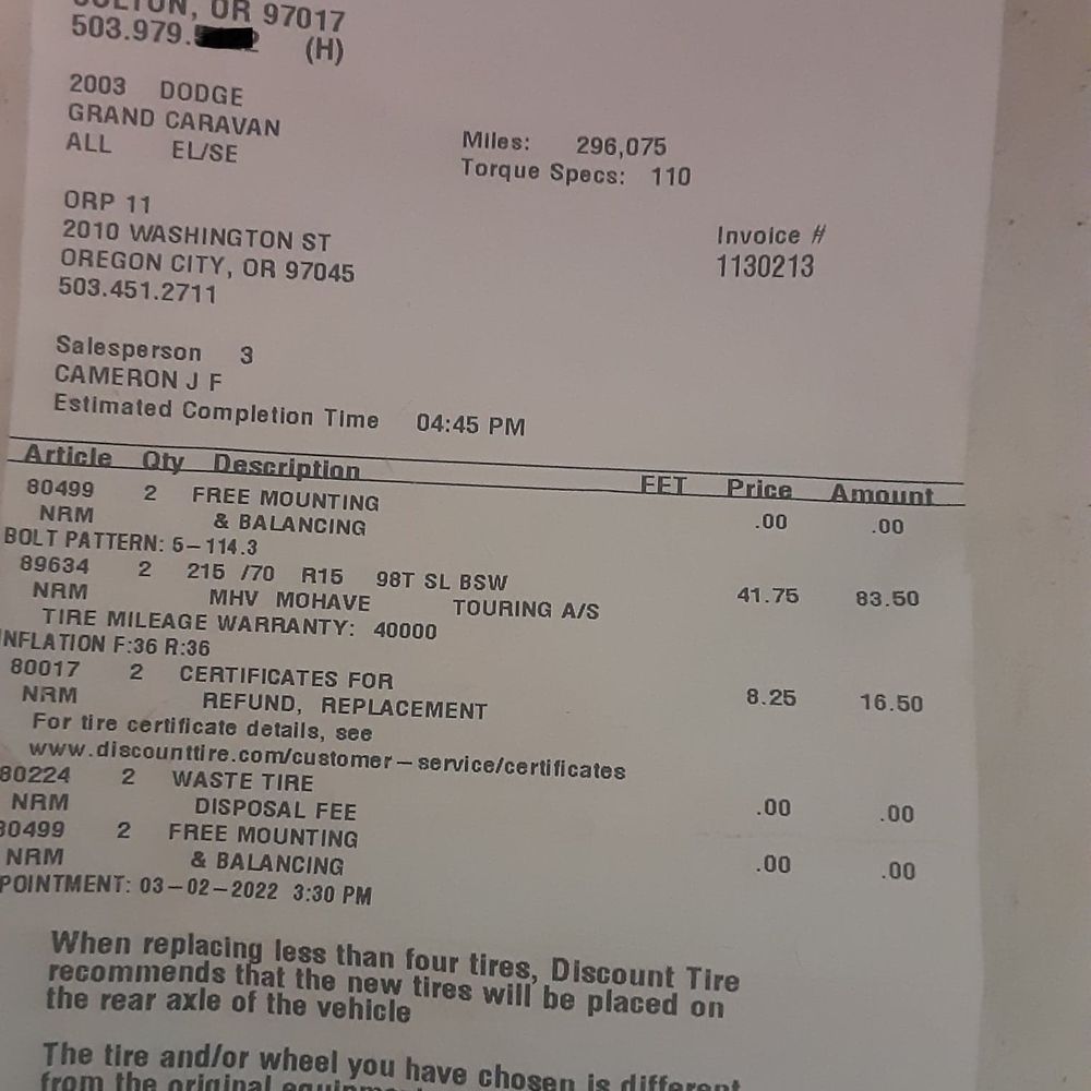 Les Schwab Tire Center - Receipt showing 2 brand new tires earlier in the week. Their claim that all other tires had belts showing is an obvious lie. - Tires Near Me - Molalla, Oregon Les Schwab Tire Center - Receipt showing 2 brand new tires earlier in the week. Their claim that all other tires had belts showing is an obvious lie. - Tires Near Me - Molalla, Oregon