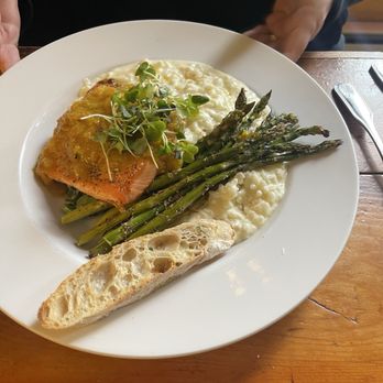 Fountain Cafe - Salmon fillet with mango salsa and risotto - New American Near Me - Port Townsend, Washington