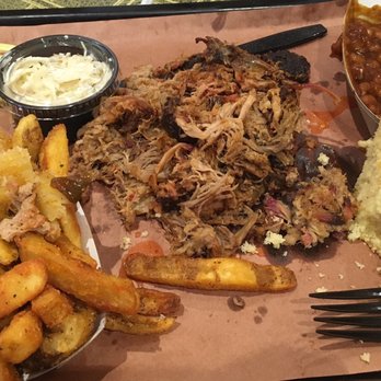 The Smoke Pit - Pulled pork plate, baked beans, fries. Cornbread. Small cup of slaw and pickles come with your plate too. - Barbeque Near Me - Concord, North Carolina The Smoke Pit - Pulled pork plate, baked beans, fries. Cornbread. Small cup of slaw and pickles come with your plate too. - Barbeque Near Me - Concord, North Carolina