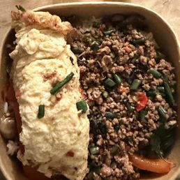 Ground Beef Kaphrao (Basil) white rice with egg
