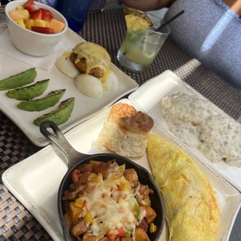 Mojave - Omelet mariscos, Jumbo Lump Crab Cake, side of biscuits and gravy - Latin American Near Me - Sandy Springs, Georgia