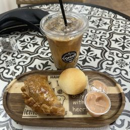 Beef empanada, pan de bono , caramel macchiato