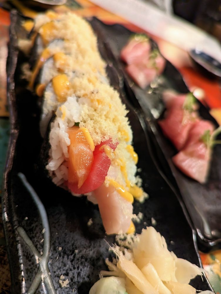 Iza Whiskey & Eats - Iza Crunch Raw Specialty Roll. $14. Cucumber, tuna, salmon, yellowtail, shiso, spicy mayo, tempura crunch. - iza crunch roll, food, crunch, roll, crunch roll, sushi rolls, iza, sushi, sushi and sashimi, sashimi - Sushi Bars Near Me - Carrboro, North Carolina Iza Whiskey & Eats - Iza Crunch Raw Specialty Roll. $14. Cucumber, tuna, salmon, yellowtail, shiso, spicy mayo, tempura crunch. - iza crunch roll, food, crunch, roll, crunch roll, sushi rolls, iza, sushi, sushi and sashimi, sashimi - Sushi Bars Near Me - Carrboro, North Carolina